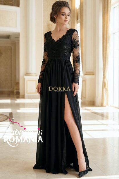 Rochie lunga de seara Celeste din dantela brodata si voal negru