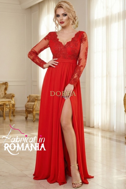 Rochie lunga de seara din dantela si voal Celeste rosu