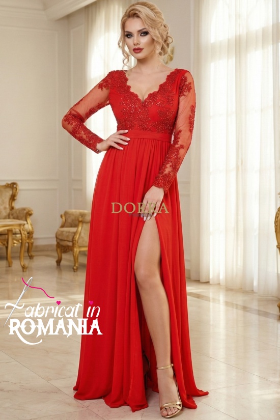 Rochie lunga de seara din dantela si voal Celeste rosu