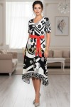 Rochie asimetrica Crina cu imprimeu abstract alb/negru si cordon rosu