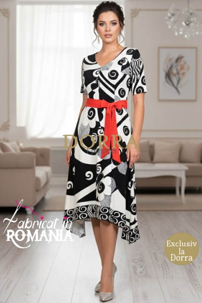 Rochie asimetrica Crina cu imprimeu abstract alb/negru si cordon rosu