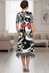 Rochie asimetrica Crina cu imprimeu abstract alb/negru si cordon rosu