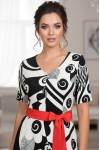 Rochie asimetrica Crina cu imprimeu abstract alb/negru si cordon rosu