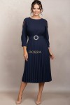 Rochie de ocazie Edith bleumarin cu maneci din tull si fusta plisata