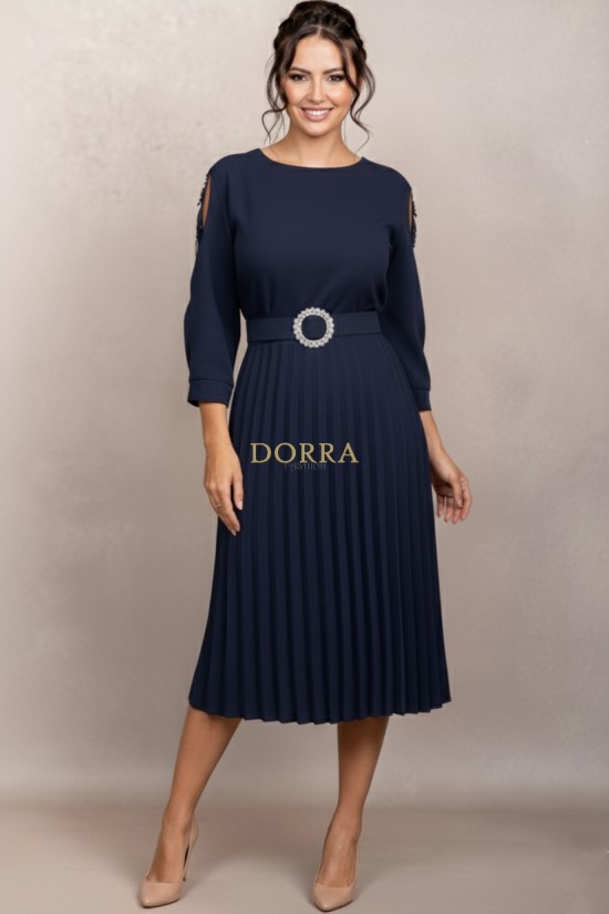 Rochie de ocazie Edith bleumarin cu maneci din tull si fusta plisata