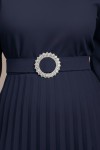 Rochie de ocazie Edith bleumarin cu maneci din tull si fusta plisata