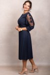Rochie de ocazie Edith bleumarin cu maneci din tull si fusta plisata