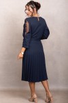 Rochie de ocazie Edith bleumarin cu maneci din tull si fusta plisata