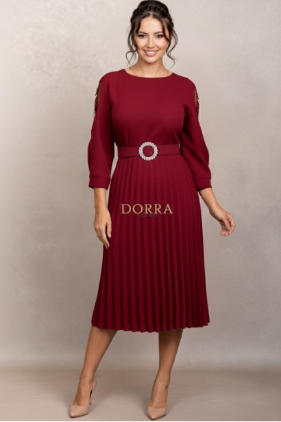 Rochie de ocazie Edith grena cu maneci din tull si fusta plisata