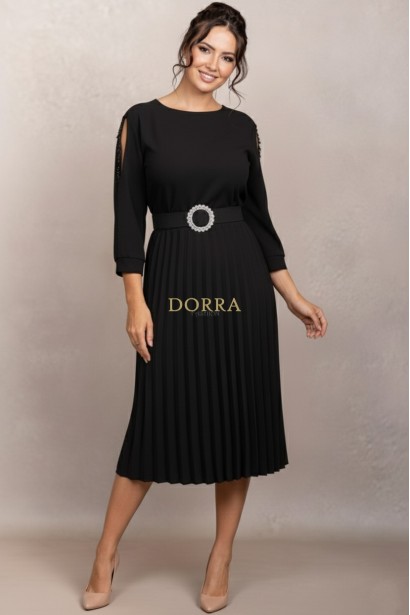 Rochie de ocazie Edith neagra cu maneci din tull si fusta plisata