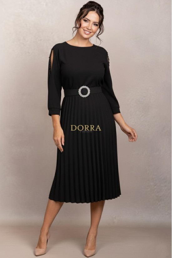Rochie de ocazie Edith neagra cu maneci din tull si fusta plisata
