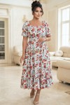 Rochie captusita Elaiza din bumbac cu imprimeu floral, decolteu patrat si volan