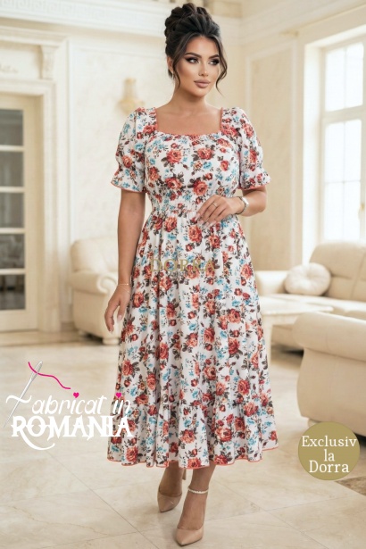 Rochie captusita Elaiza din bumbac cu imprimeu floral, decolteu patrat si volan