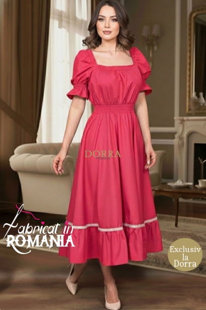 Rochie Ema din bumbac corai, decolteu patrat si volan cu dantela