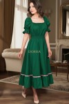 Rochie Ema din bumbac verde, decolteu patrat si volan cu dantela