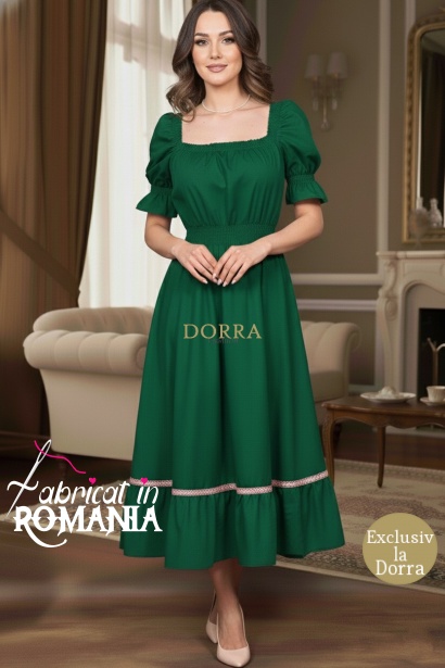 Rochie Ema din bumbac verde, decolteu patrat si volan cu dantela