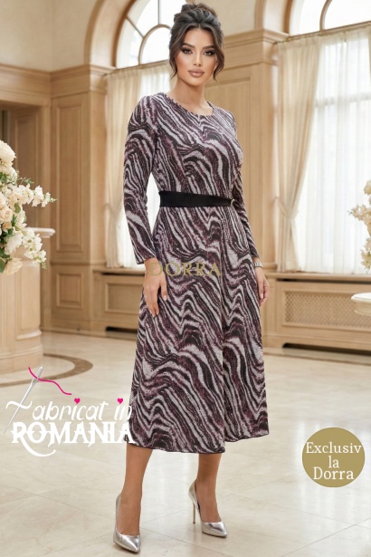 Rochie Emina din jerse de bumbac cu maneca lunga si accesoriu in talie