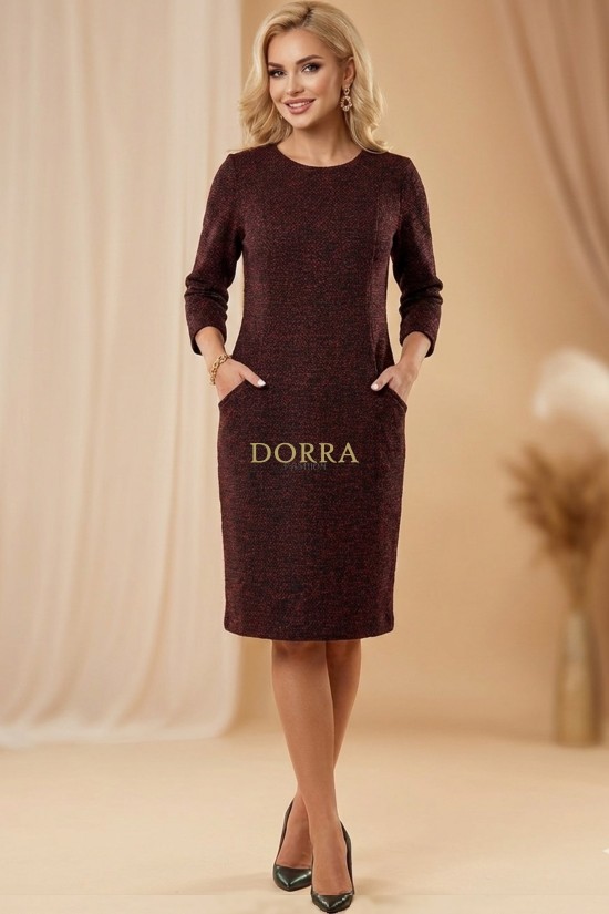 Rochie de zi Estera din tricot grena, cu croiala larga si buzunare