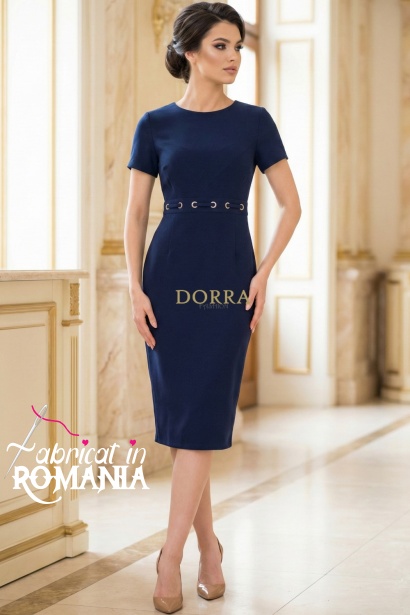 Rochie office Figaro bleumarin cu maneca scurta si inele in talie
