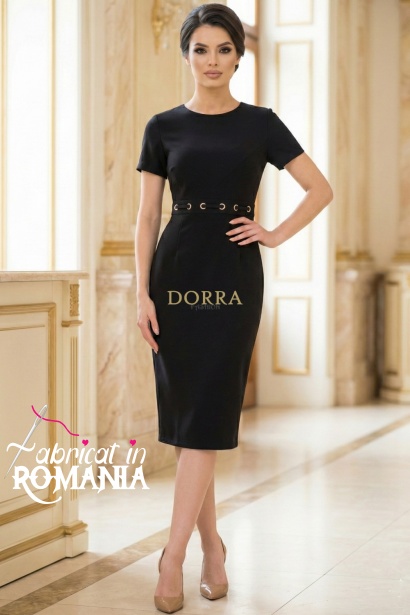Rochie office Figaro neagra cu maneca scurta si inele in talie