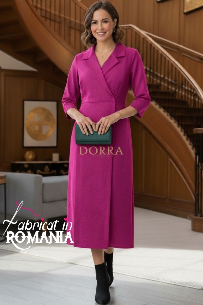 Rochie midi Rebeca fuchsia, cu revere, buzunare si crapaturi
