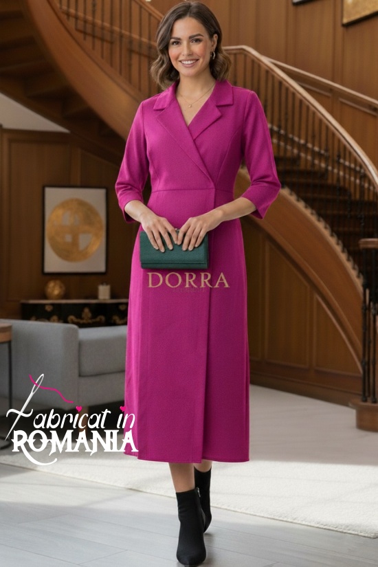 Rochie midi Rebeca fuchsia, cu revere, buzunare si crapaturi