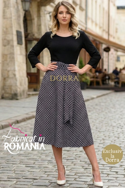 Rochie Gabrielle din jerse de bumbac cu imprimeu cercuri pe fusta si cordon