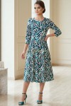 Rochie midi Gisele din jerse verde cu crem, mâneci 3/4 și croială lejeră
