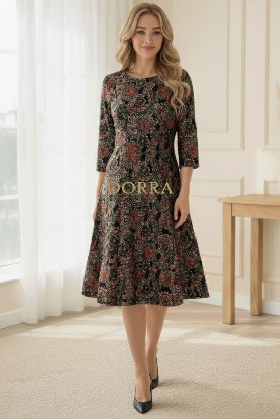Rochie midi Gisele din jerse cu imprimeu metalizat baroc, maneci 3/4, croiala lejera
