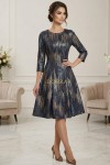 Rochie de ocazie Gisele din jerse cu imprimeu metalizat turquoise-aramiu, maneci 3/4, croiala lejera