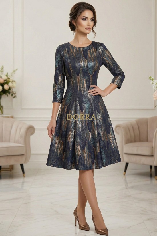 Rochie de ocazie Gisele din jerse cu imprimeu metalizat turquoise-aramiu, maneci 3/4, croiala lejera