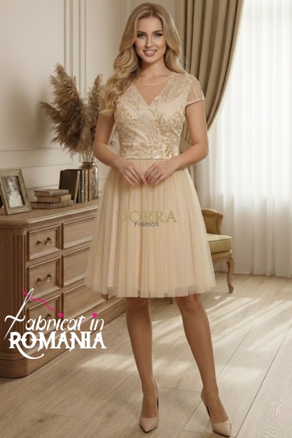 Rochie de ocazie Harmony din tull cu broderie crem si fusta incretita