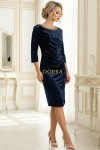 Rochie Isadore din catifea bleumarin, cu aplicatie la decolteu si fronseuri in talie