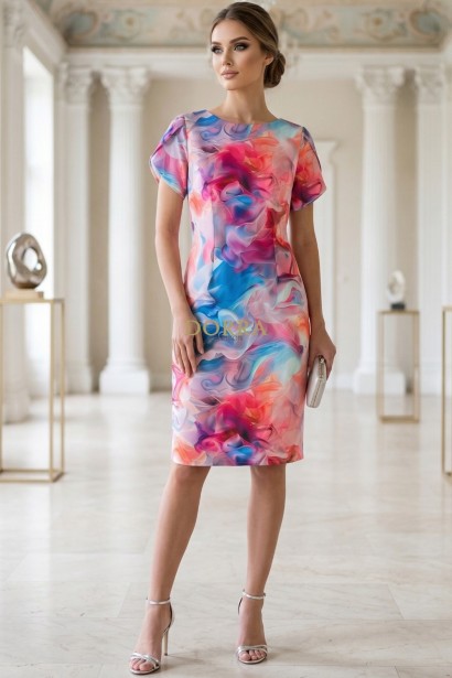Rochie Johanna multicoloră cu croială ușor cambrată și mânecă lalea