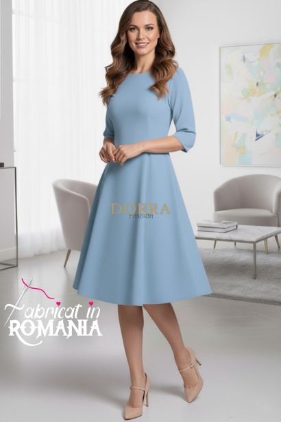 Rochie de zi Kristina din jerse elastic bleu, cu maneca 1/2 si clini