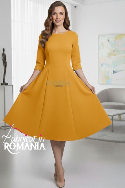 Rochie de zi Kristina din jerse elastic galben mustar, cu maneca 1/2 si clini