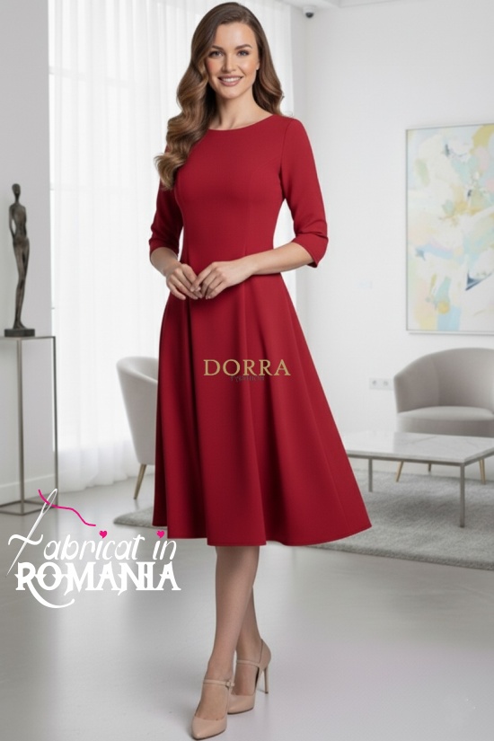 Rochie de zi Kristina din jerse elastic rosu, cu maneca 1/2 si clini