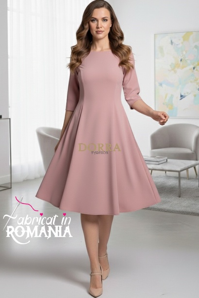 Rochie de zi Kristina din jerse elastic roz prafuit, cu maneca 1/2 si clini