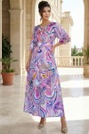 Rochie masuri mari Latisha din satin lila imprimat, maneci bufante si cordon