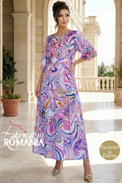 Rochie masuri mari Latisha din satin lila imprimat, maneci bufante si cordon