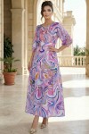 Rochie masuri mari Latisha din satin lila imprimat, maneci bufante si cordon