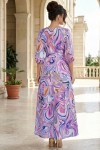 Rochie masuri mari Latisha din satin lila imprimat, maneci bufante si cordon