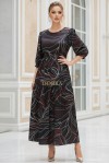 Rochie masuri mari Latisha din satin negru imprimat, maneci bufante si cordon