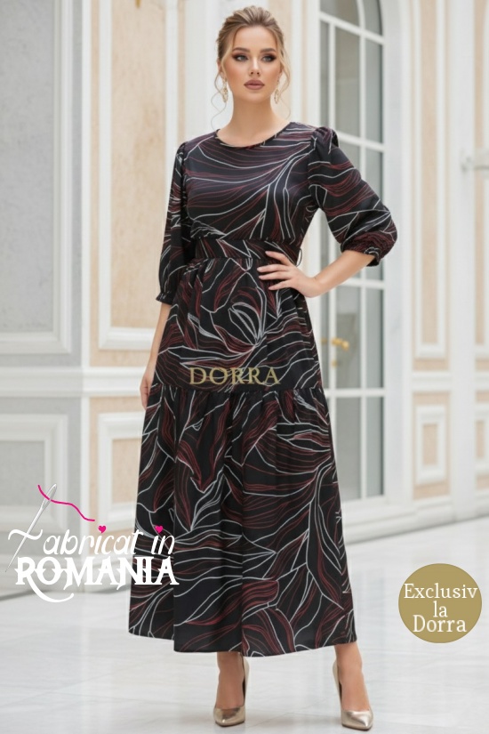 Rochie masuri mari Latisha din satin negru imprimat, maneci bufante si cordon