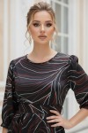 Rochie masuri mari Latisha din satin negru imprimat, maneci bufante si cordon