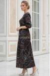 Rochie masuri mari Latisha din satin negru imprimat, maneci bufante si cordon