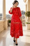 Rochie masuri mari Latisha din satin rosu imprimat, maneci bufante si cordon