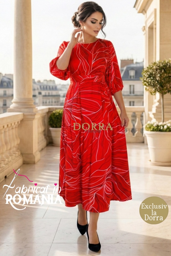 Rochie masuri mari Latisha din satin rosu imprimat, maneci bufante si cordon
