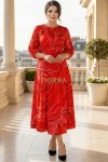 Rochie masuri mari Latisha din satin rosu imprimat, maneci bufante si cordon