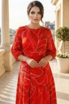 Rochie masuri mari Latisha din satin rosu imprimat, maneci bufante si cordon